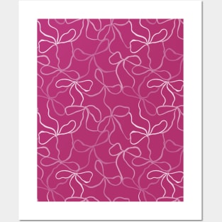 Coquette Pink Bows on a dark pink background pattern Posters and Art